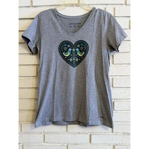 Life Is Good Tee T-Shirt‎ Crusher Size Medium Gray PA Folk Art Heart w/Birds